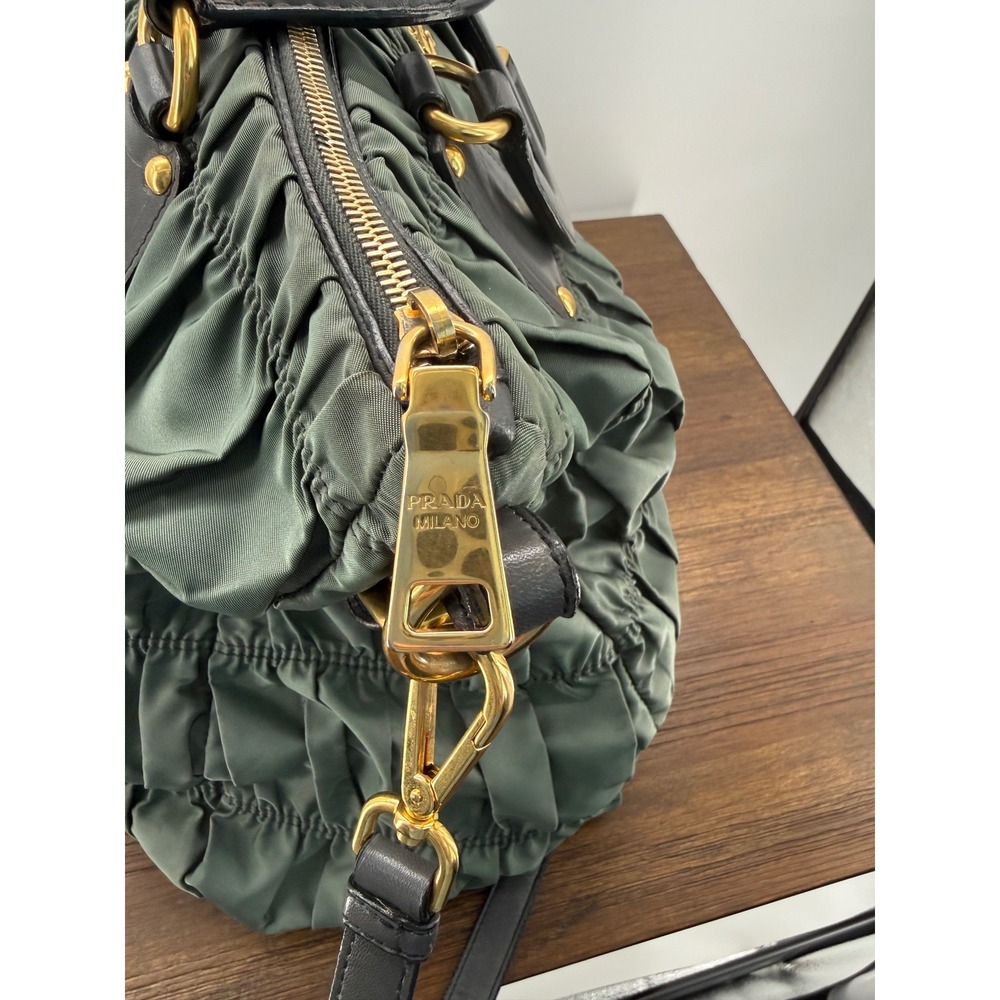 Prada Tessuto Gauffre Ruched Nylon Leather Satchel Bag Green Black Gold Hardware - Picture 5 of 11